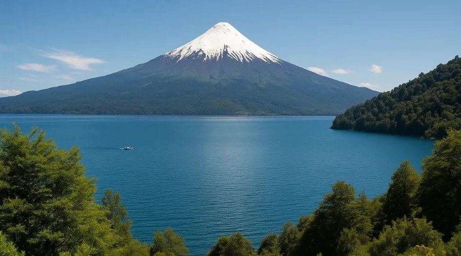 Volcán y lago en el sur de Chile